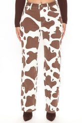 Mooving And Grooving Cow Print Wide Leg Jeans - Brown Combo Ins Street